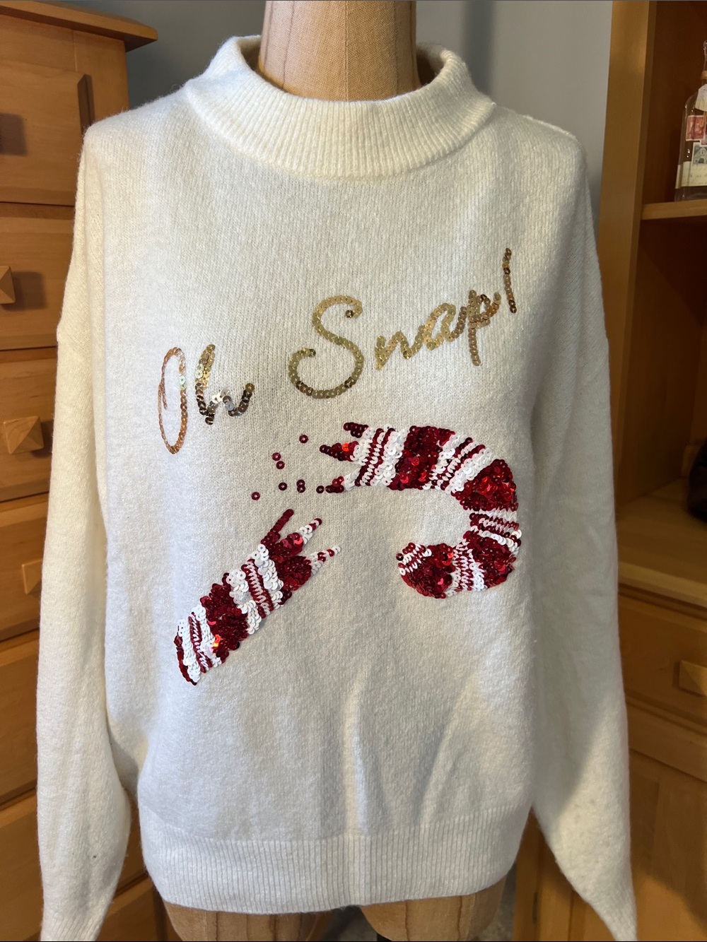 H&M Cream Cowl-Neck Sweater with Red & Gold Sequin “Oh Snap!”